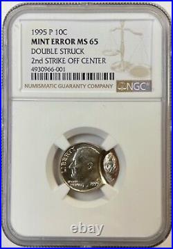 1995 Roosevelt Dime Double Struck Mint Error NGC MS65 2nd Strike Off Center 10C