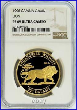 1996 Gold Gambia 1,000 Minted Endangered African Lion 200 Dalasis Ngc Pf 69 Uc