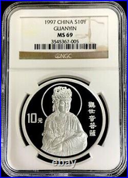 1997 Silver China 10 Yuan Goddess Guanyin 1 Oz Coin Ngc Mint State 69