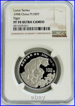 1998 Platinum China 300 Minted Ngc Pf 70 Uc 100 Yuan Tiger Proof Coin