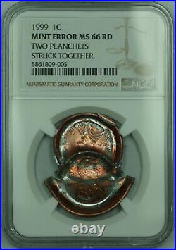 1999 Lincoln Cent Bonded Pair First Plan Struck Off Center Mint Error NGC MS66RD