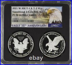 %2 COIN SET 2021 W PROOF SILVER EAGLE, TYPE 1 & 2, NGC PF70UC, Eagle/Mtn Label