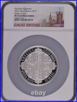 2-coin 10 oz Silver 2021 Great Engraver Gothic Crown Quartered Arm Portrait PF70