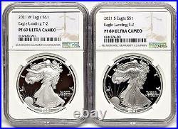 2 coin set 2021 type 2 w and s proof silver eagles ngc pf69 uc brown label coa