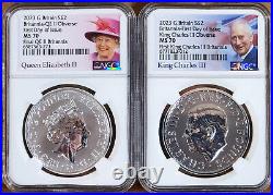 2 coin set 2023 2 pound silver britannia QE II and KC III effigy ngc ms70 fdoi