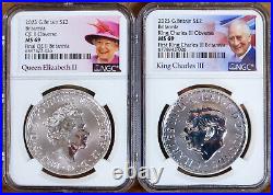 2 coin set 2023 uk 2 pound silver britannia QE II and KC III effigy ngc ms69