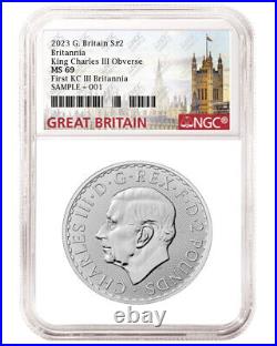 2 coin set 2023 uk 2 pound silver britannia QE II and KC III effigy ngc ms69 GB