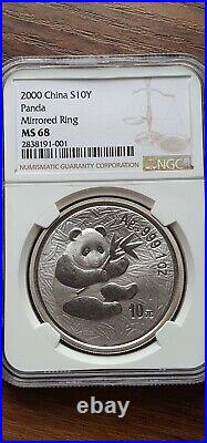 2000 MIRRORED RING 1 oz CHINA PANDA SILVER COIN NGC MS68 EXTREMELY RARE MINT