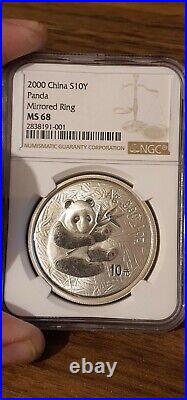 2000 MIRRORED RING 1 oz CHINA PANDA SILVER COIN NGC MS68 EXTREMELY RARE MINT