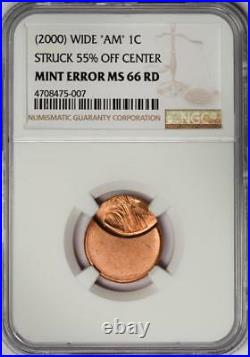 2000 NGC MS66RD 55% Off Center Wide AM Lincoln Cent Mint Error Type 2 Proof Rev