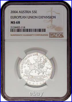 2004 Austria European Union Toned Silver 5 Euro NGC MS 68, Mint 275K, Top pop