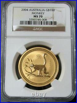 2004 Gold Australia $100 Lunar Year Of The Monkey 1 Oz Coin Ngc Mint State 70