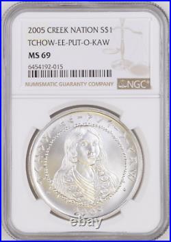 2005 $1 Silver Creek Indian Nation Tchow-ee-put-o-kaw Ngc Ms 69 Rare R6 Low Pop