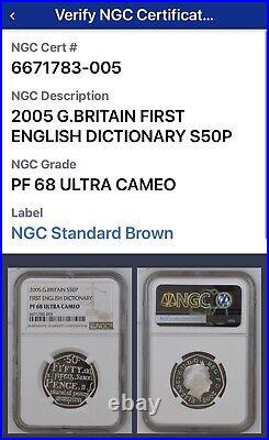 2005 Royal Mint Silver Proof Samuel Johnsons Dictionary 50p NGC PF68 UC TOP POP