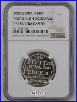 2005 Royal Mint Silver Proof Samuel Johnsons Dictionary 50p NGC PF68 UC TOP POP