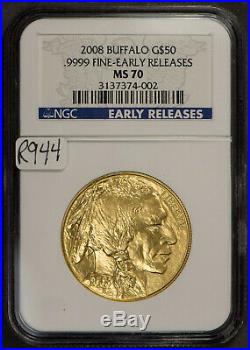2008 $50 1 oz Gold AMERICAN BUFFALO NGC MS 70 EARLY RELEASES Lot#R944