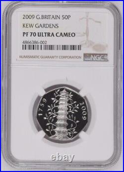 2009 KEW GARDENS 50P PROOF, NGC PF70 ULTRA CAMEO HIGHEST GRADE POSSIBLE Only 37