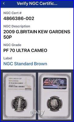 2009 KEW GARDENS 50P PROOF, NGC PF70 ULTRA CAMEO HIGHEST GRADE POSSIBLE Only 37