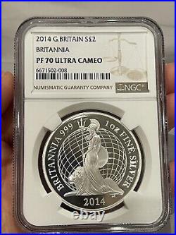2014 PROOF Britannia One 1 oz, NGC PF70, Queen Elizabeth II 2 Pounds Silver Coin