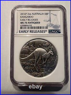 2016 P AUSTRALIA KANGAROO HIGH RELIEF ANTIQUED 2 Oz Silver $2 COIN NGC MS70 ER