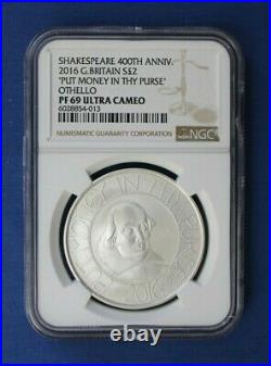2016 Royal Mint 1oz Silver Proof £2 coin William Shakespeare NGC Graded PF69