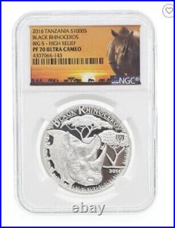 2016 Tanzania Big Five Black Rhino NGC PF70 UC High Relief Perfect Silver Coin