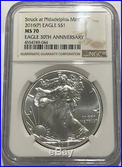 2016 (p) Silver Eagle Ngc Ms70 Struck At Philadelphia Mint Brown Label. 999 Fine
