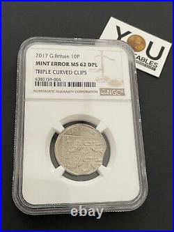 2017 10p Ten Pence Coin Mint Error, TRIPLE CURVED CLIPS MINT ERROR MS62 DPL NGC