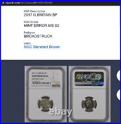 2017 5p Coin Royal Mint error BROADSTRUCK mint error MS62 NGC One of a kind