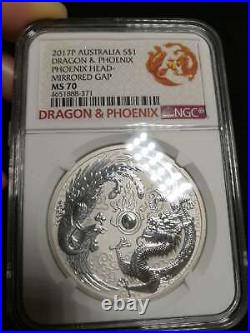 2017 Perth Mint Phoenix & Dragon 1oz Silver Bullion Error Mirrored Gap NGC MS70