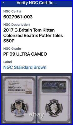 2017 Peter Rabbit Beatrix POTTER Tom Kitten COLOURED SILVER PROOF NGC PF69 UC