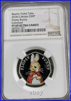2018 NGC Graded PF69 UC Silver Proof 50p coin Flopsy Bunny Royal Mint Colorized