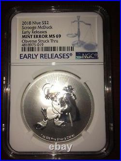2018 Niue Silver $2 Disney Scrooge McDuck MINT ERROR MS69 ER NGC Coin
