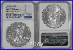 2019 $1 1oz Silver Eagle NGC MS 69 First Releases Mint Error Obverse Struck Thru
