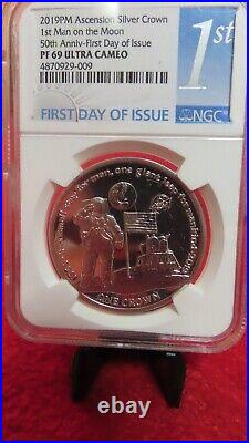 2019 Ascension Island Silver Crown 1st man on the moon 50th Anniversary NGC PF69