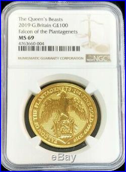 2019 Gold Great Britain 100 Pounds Queen's Beasts Falcon Coin Ngc Mint State 69