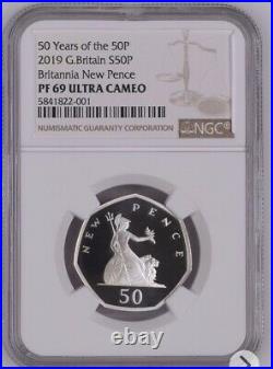 2019 NGC Graded PF69 50P NEW PENCE Silver Proof Great Britain 50 YEARS OF 50P
