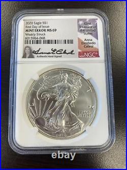 2020 1st Day Silver Eagle Mint Error Weakly Struck NGC MS69 Cabral Signature