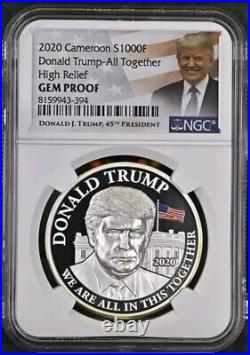 2020 Cameroon S 1000F 1oz Silver Donald Trump High Relief NGC Gem Proof