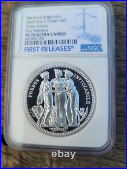 2020 Three Graces UK Two-Ounce Silver Proof Coin ngc graded pf70 with packaging