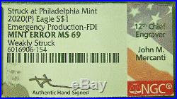 2020 (p) Silver Eagle $1 Philadelphia Emergency Issue Mint Error. Ngc Ms69 Fdi