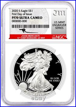 2020-s Mint Engraver Silver Eagle-ngc Pf70-fdoi-mercanti-heraldic Eagle Design