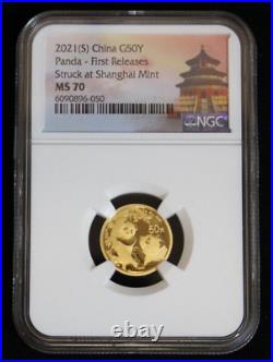2021 China 3 g Gold ¥50 Panda First Releases Struck at Shanghai Mint MS 70