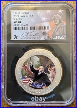 2021 Cook Islands Life of Franklin Scientist Silver Coin NGC MS70 7K Metals