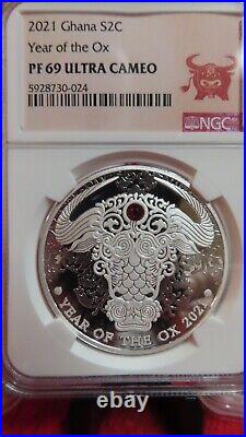 2021 GHANA Lunar Zodiac YEAR OF THE OX swarovski crystal Silver Coin NGC PF69