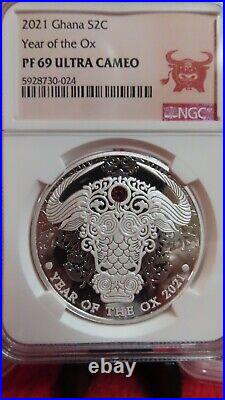 2021 GHANA Lunar Zodiac YEAR OF THE OX swarovski crystal Silver Coin NGC PF69