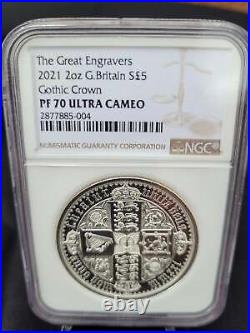2021 Gothic Crown Quartered Arms UK 2oz Silver Proof coin ngc graded pf70