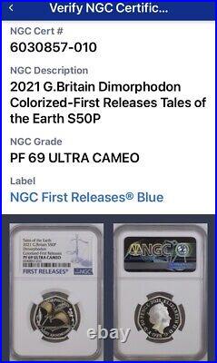 2021 NGC Graded PF69 UC FR Dimorphodon Silver Proof Colour 50p Coin Royal Mint