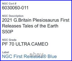 2021 NGC Graded PF70 UC FR Plesiosaurus Silver Proof 50p Coin Royal Mint
