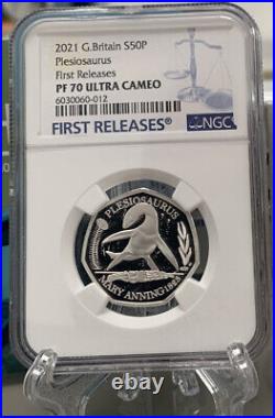 2021 NGC Graded PF70 UC FR Plesiosaurus Silver Proof 50p Coin Royal Mint 1 Of 6